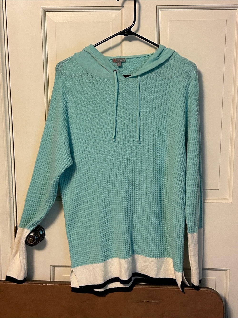 Talbots Aqua Hooded Waffle-Knit Top with Contrast Trim Med